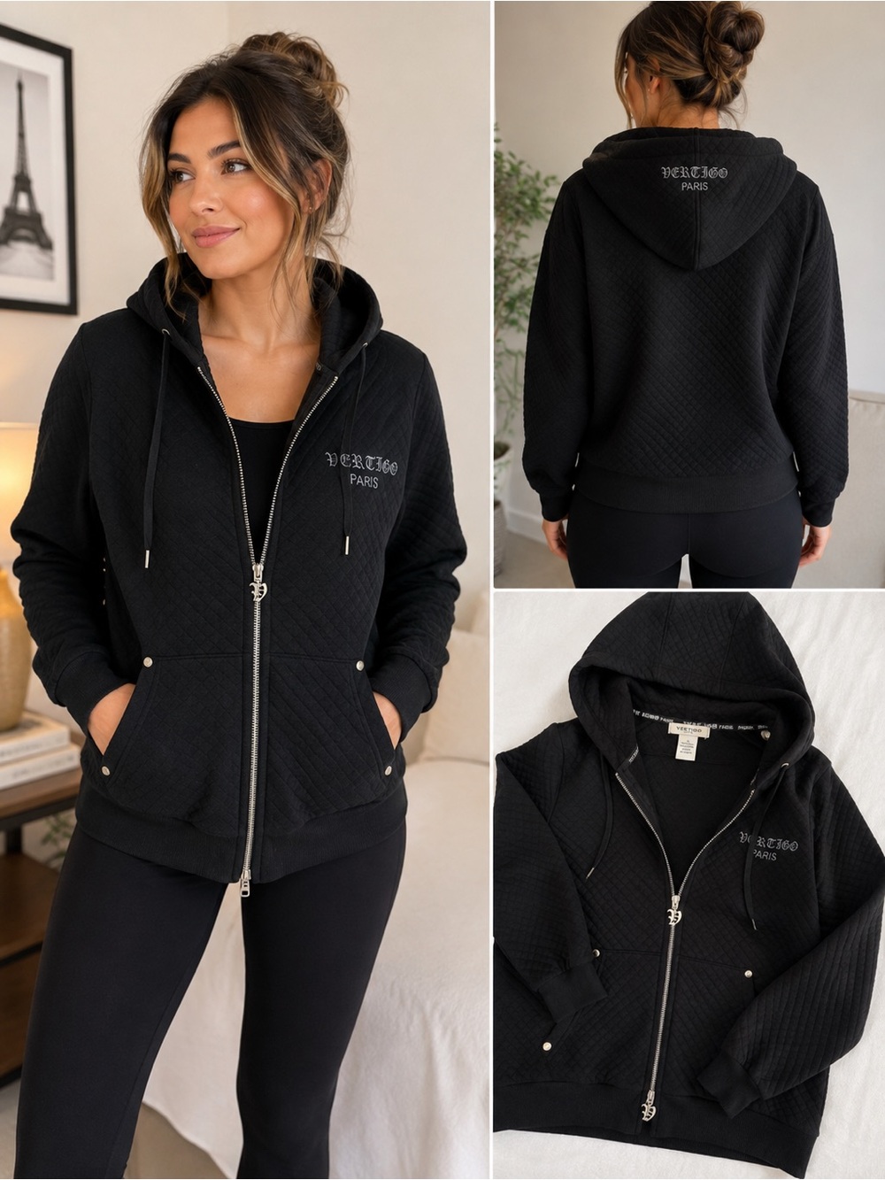 Vertigo Paris Women’s XL Black Quilted Gothic Zip Up Hoodie Jacket Embroidered